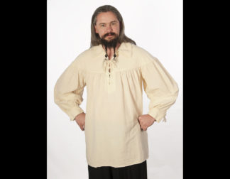 Man standing with hands on hips wearing natural colored Pro Series Blackbeard natural colored shirt with opening at top.
