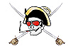 Captain Bonehead pirate smoking skull with crossed swords through bak.